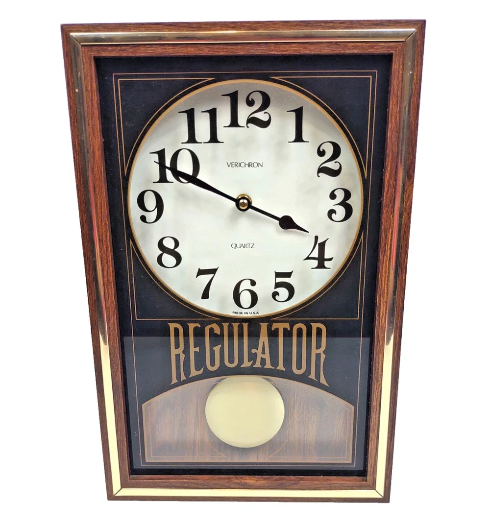 VTG Verichron Regulator Quartz Wall Clock Wood Grain Gold Trim USA Rectangular